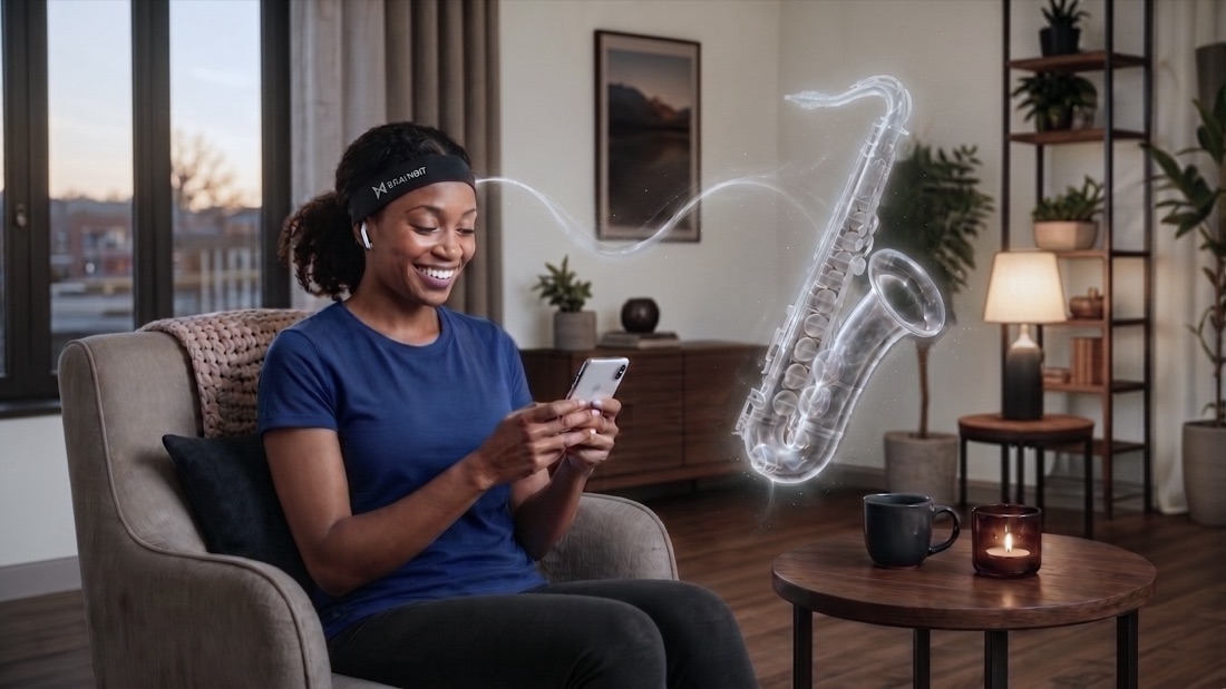 MEFlow Music phone session with a BrainBit Mindo user and a large nearby imagined saxophone